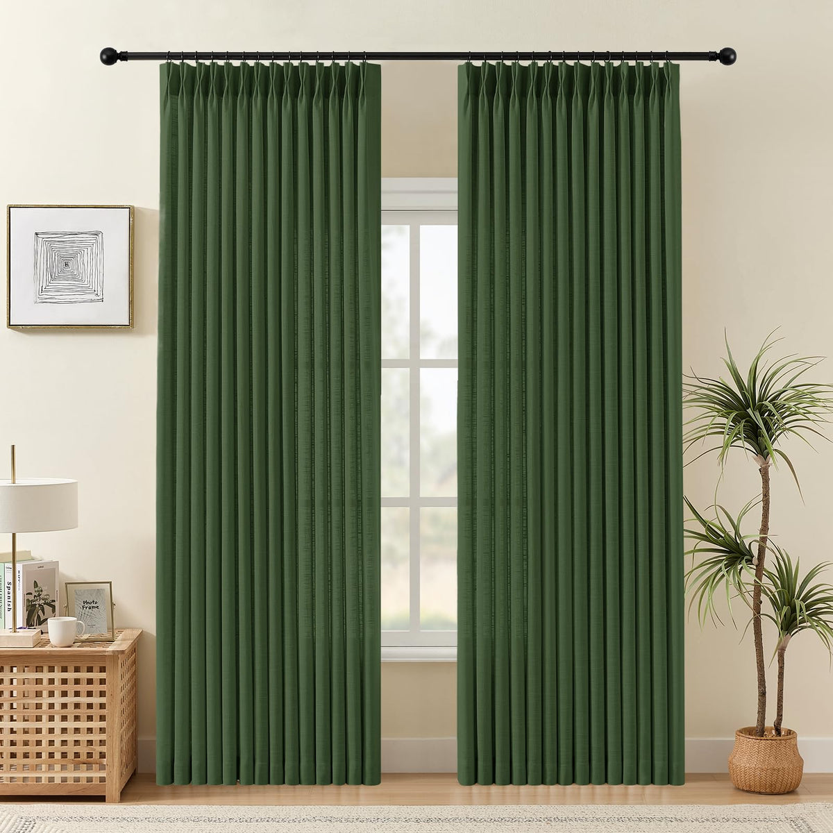Pinch Pleated Linen Curtains 96 Inches Semi Sheer Light Filtering, 2 Panels
