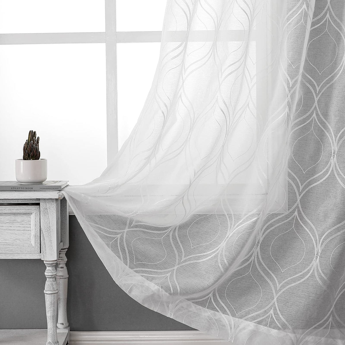 VISIONTEX White Sheer Curtains Grey Moroccan Embroidered 63 Inch Length