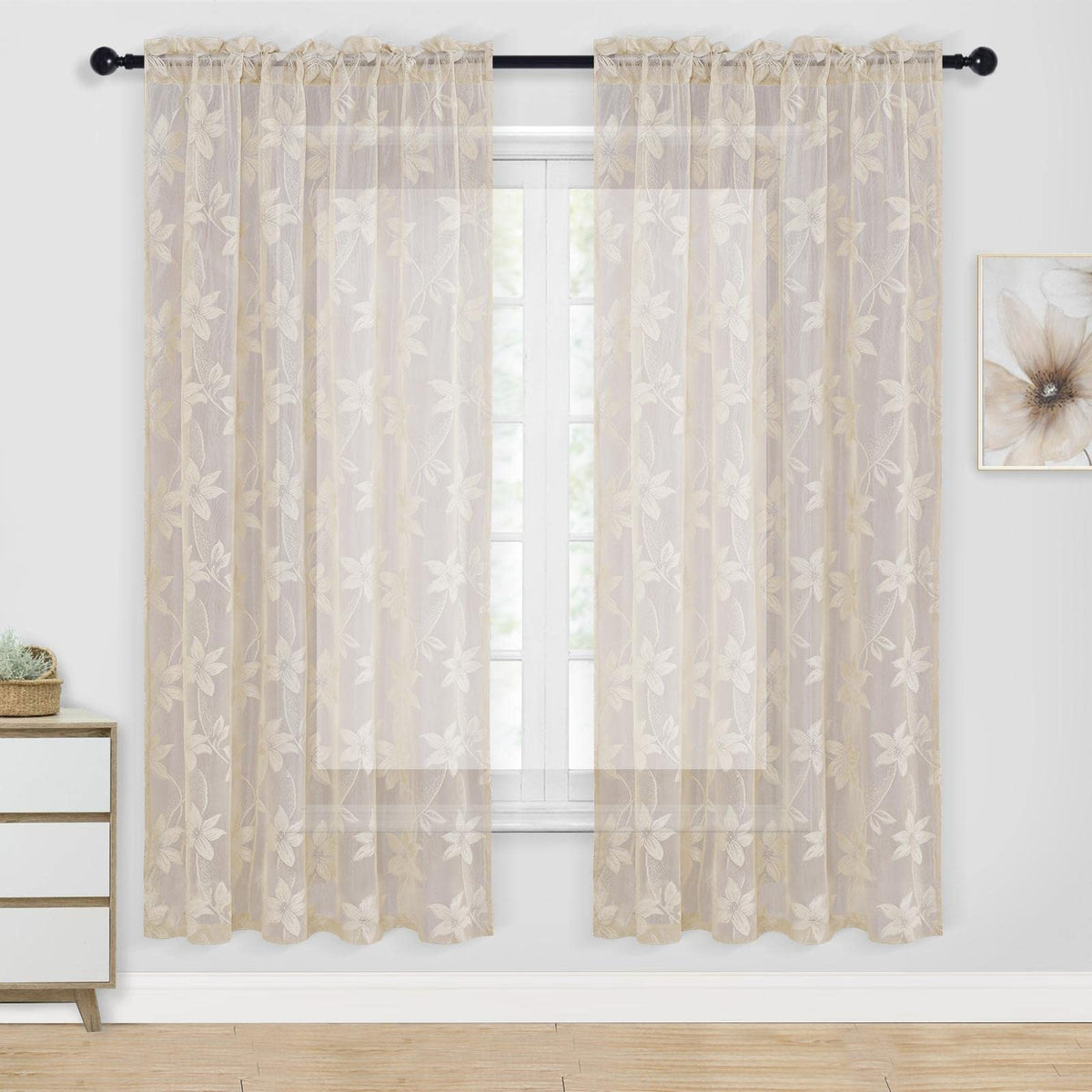 DWCN White Sheer Curtains - Short Curtains Floral Lace Design Rod Pocket Window Voile Sheer Drapes for Bedroom Kitchen Small Window 42 x 54 inch Length, 2 Panels White
