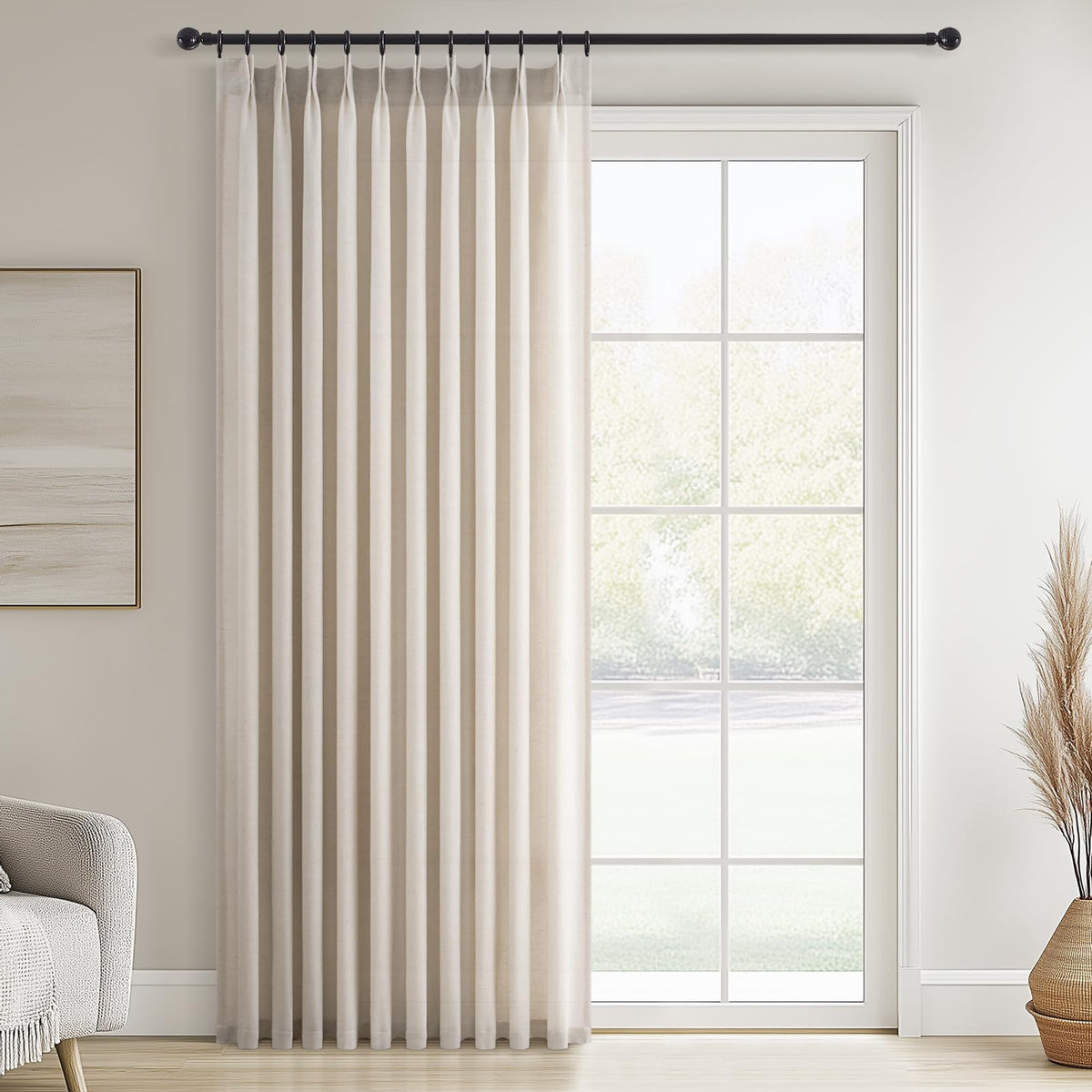 96 Inches Long Pinch Pleated Semi Sheer Curtains,Natural Linen Blended Light Filtering Window Curtains 96 Length 2 Panels for Living Room Bedroom Pinch Pleat Drapes with Hooks 2 Panels 40" Wx96 L