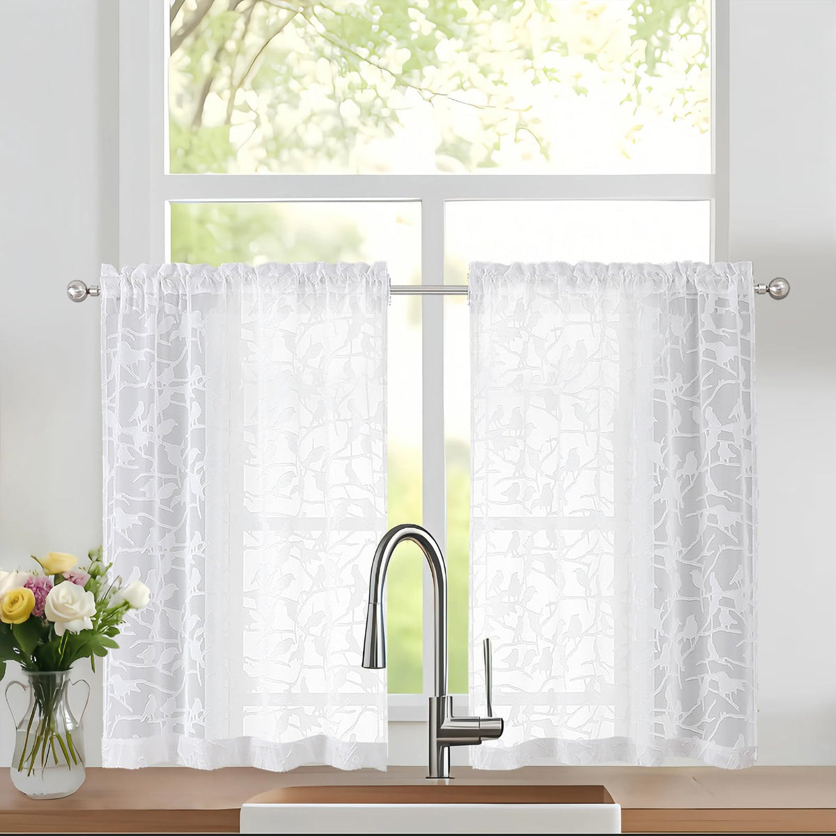 OVZME Sage Green Sheer Curtains 63 Inch Length 2 Panel Set, Light Filtering Bedroom Curtains with Dual Rod Pocket Top, Leaf Bird Clip Jacquard Sheer Farmhouse Window Drapes for Living Room, 2x38Wx63L