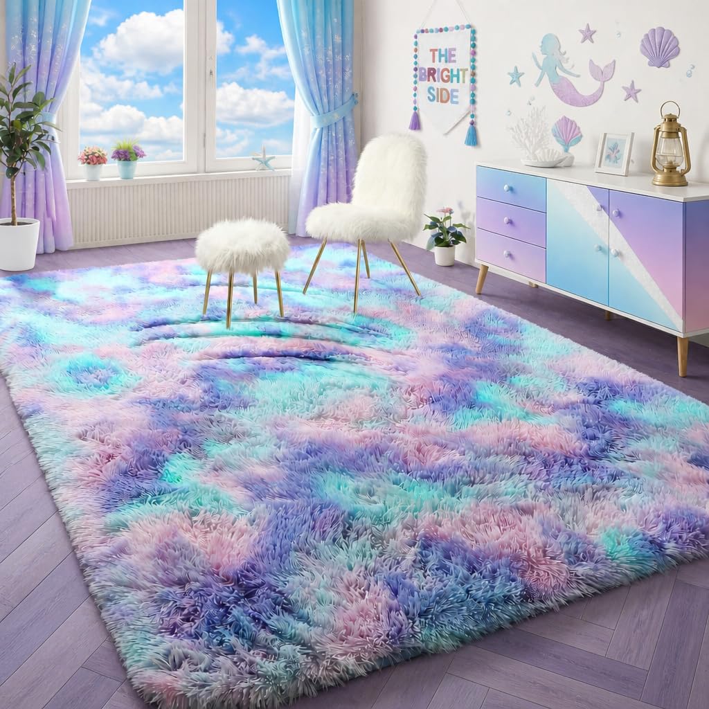 Rainbow Area Rugs for Girls Bedroom Fluffy Soft Vibrant Rugs Kids Playroom