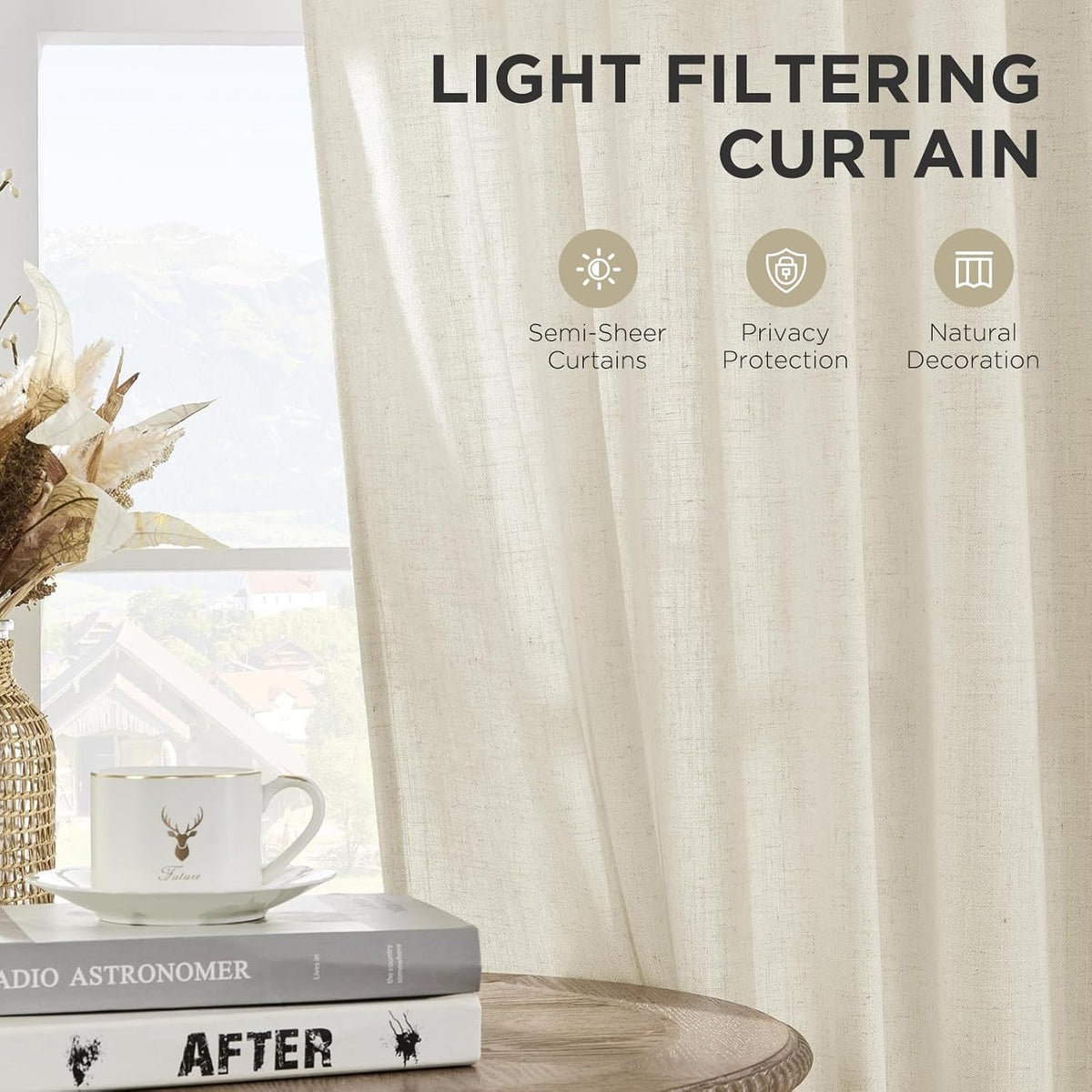 Joydeco Linen Curtains for Living Room,Light Filtering Rod Pocket Back Tab Semi Sheer Drapes Window Long Curtains 90 inches Long Ivory