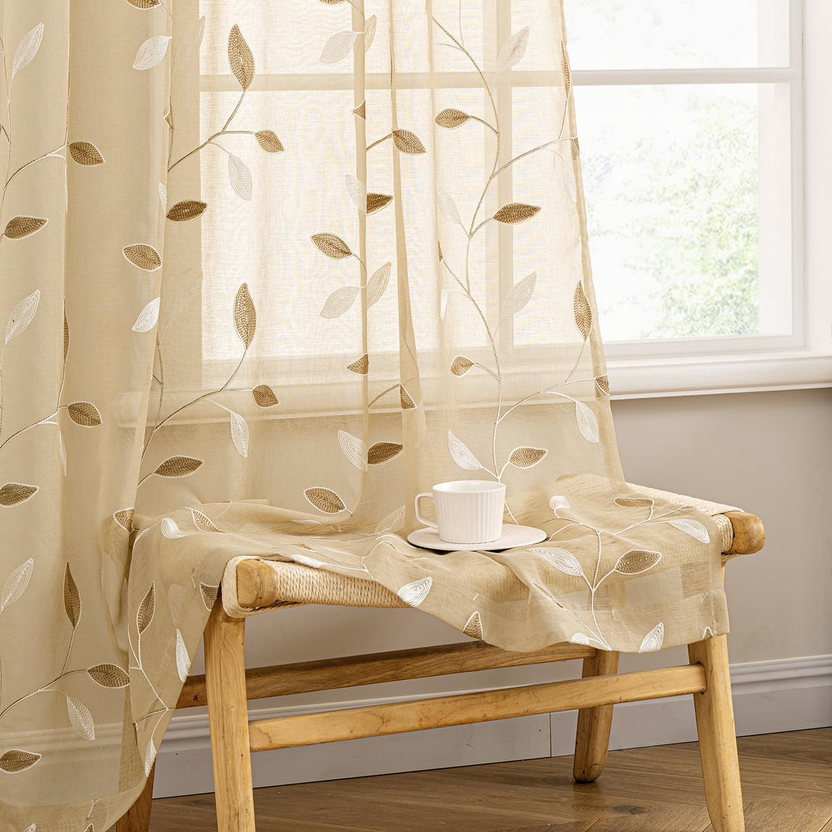 MIULEE Beige Sheer Curtains 2 Panels Embroidered Leaf Patterned, W52 x L84