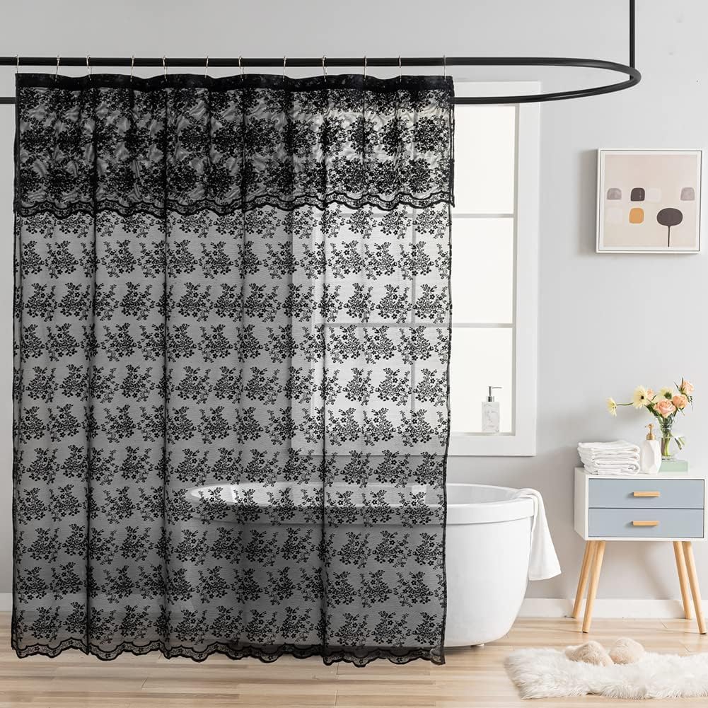 Ivory Lace Shower Curtain 72x72, Vintage Shabby Chic with Attached Valance