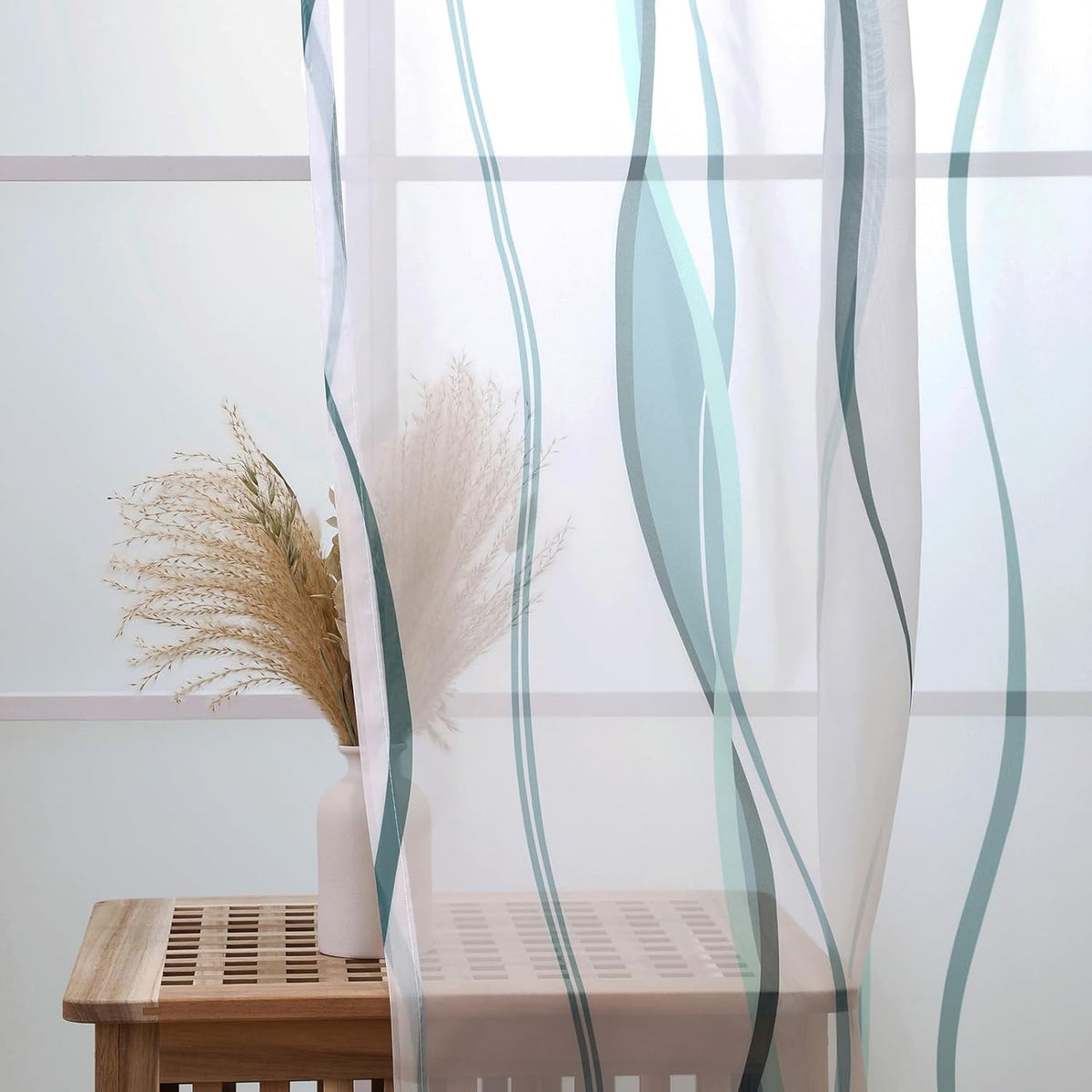 L.Z.E White and Teal Sheer Curtains 84 Inches Long, Light Filtering Elegant Patterned Curtains with Design for Living Room Bedroom Dining Room, Lightweight Window Drapes, Grommet Top 2 Panels Set
