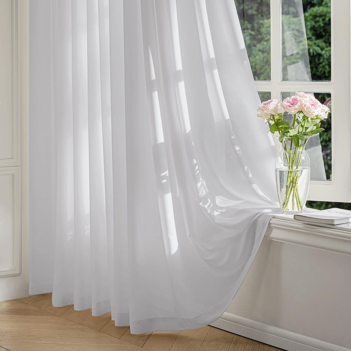 FMFUNCTEX Cream Sheer Curtains, 90 Inch, Rod Pocket, 2 Panels for Bedroom