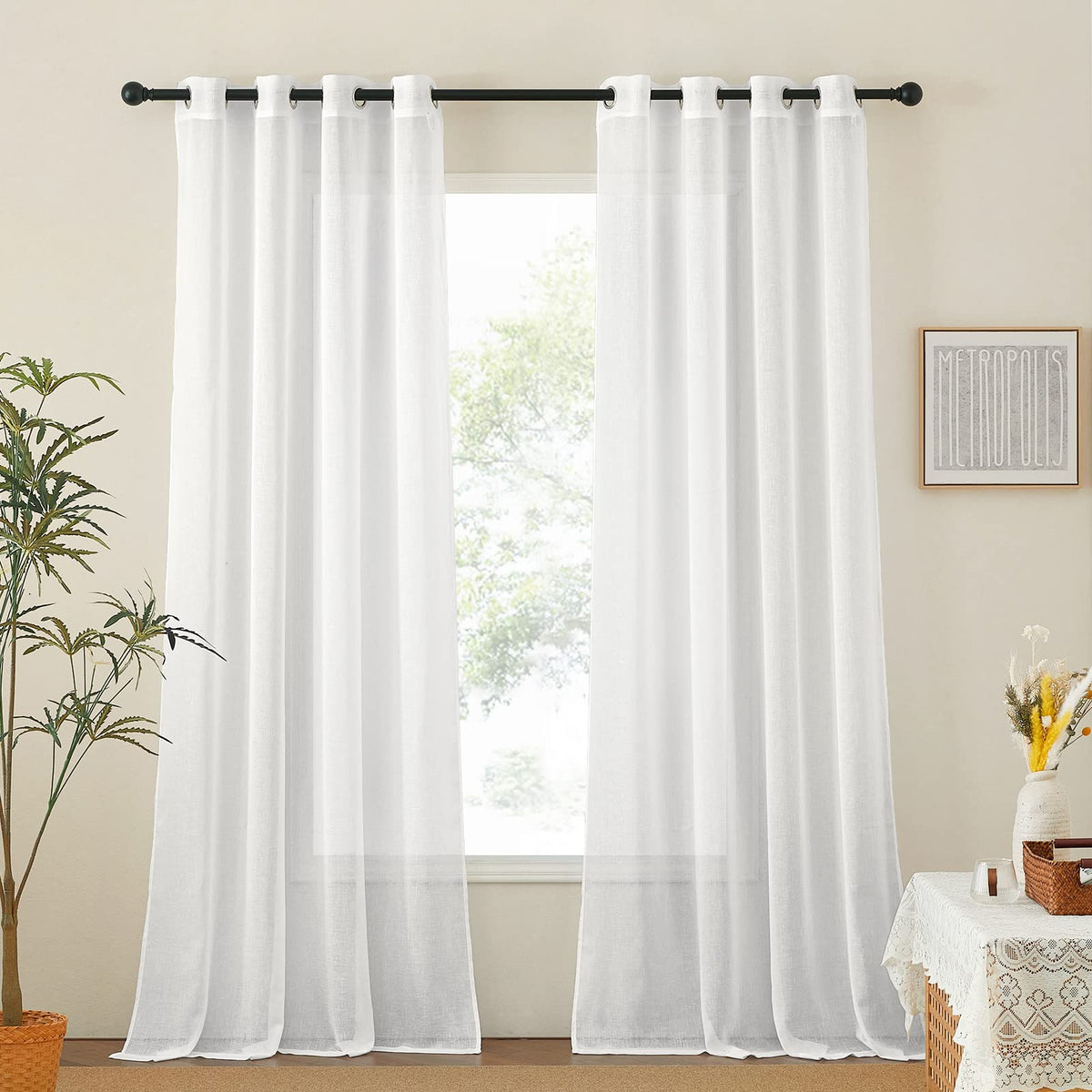 NICETOWN White Sheer Linen Curtains 84 Inch Length 2 Panels Set, W52xL84