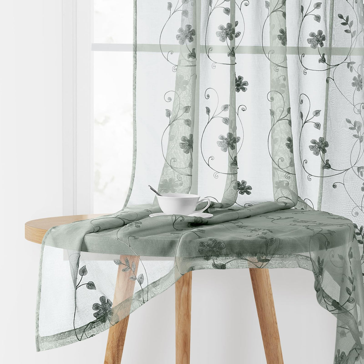 HOMEIDEAS Sage Green Sheer Curtains Leaf Embroidered, 52x84 Inch, 2 Panels