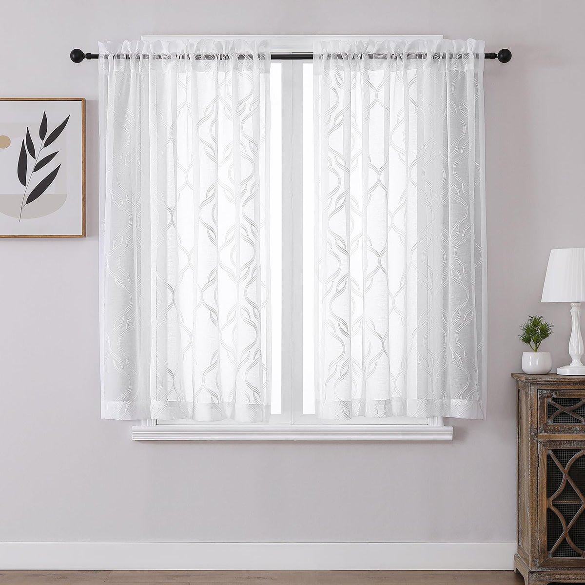 VISIONTEX White Sheer Curtains Grey Moroccan Embroidered 63 Inch Length
