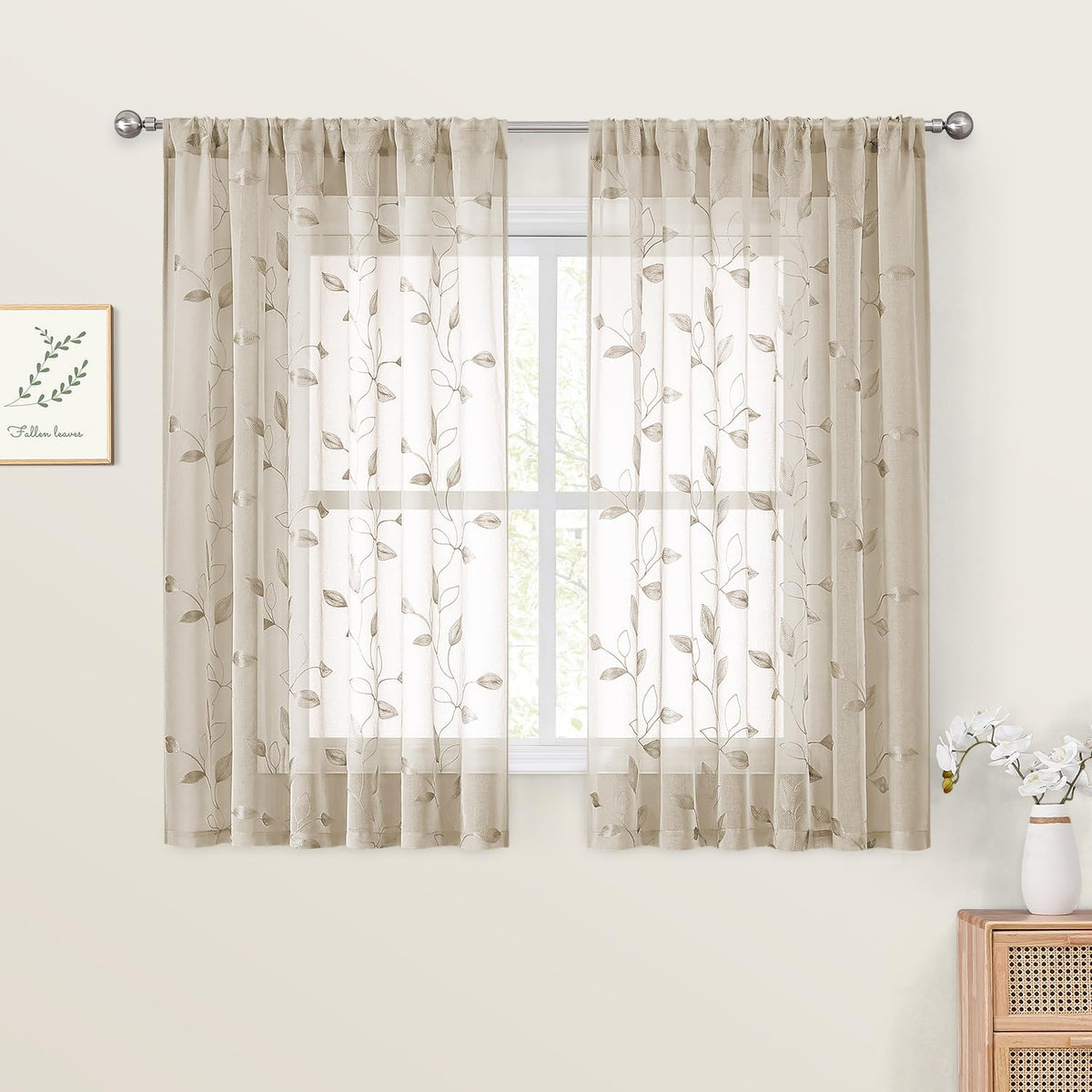 HOMEIDEAS Sage Green Sheer Curtains Leaf Embroidered, 52x84 Inch, 2 Panels