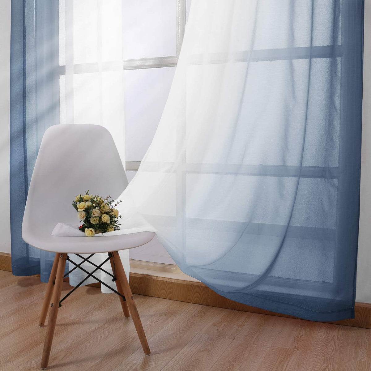 DWCN Blue Linen Ombre Sheer Curtains - Semi Voile Gradient Grommet Top Curtains for Bedroom and Living Room, Set of 2 Window Curtain Panels, 52 x 84 Inches Long, Denim Blue