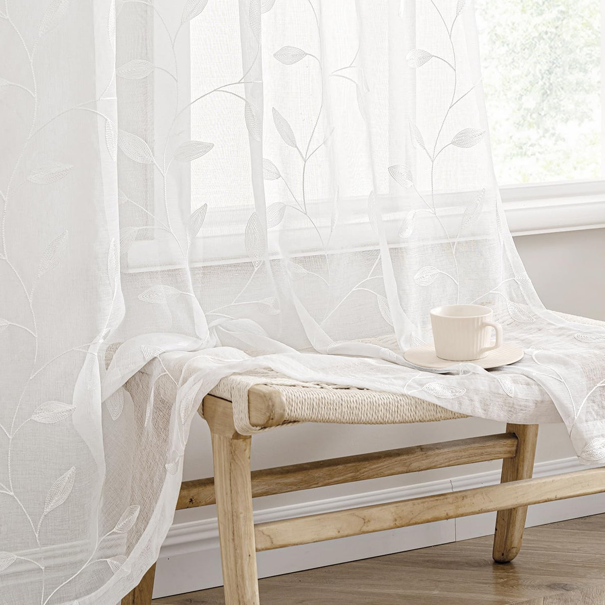 MIULEE Beige Sheer Curtains 2 Panels Embroidered Leaf Patterned, W52 x L84