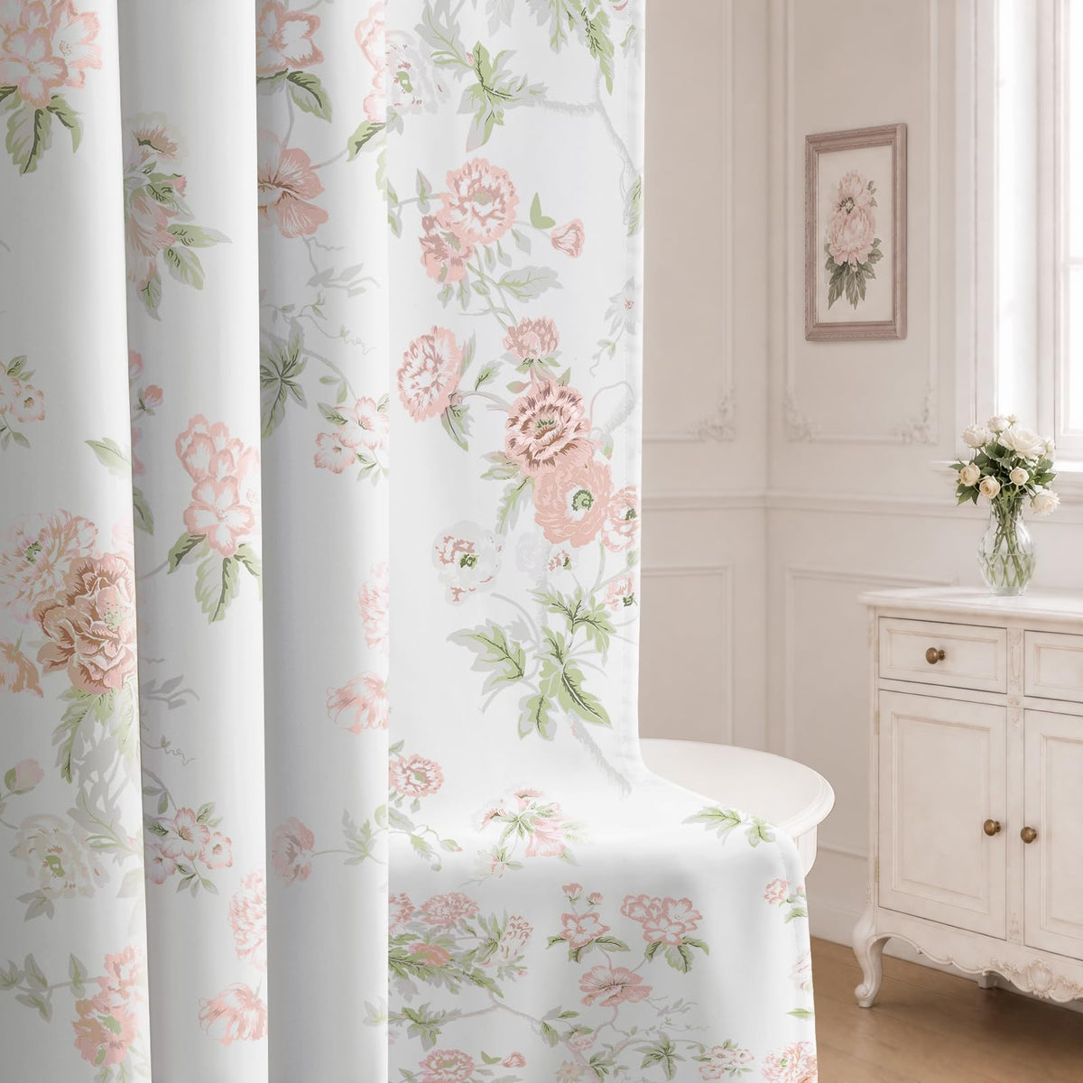 Boho Floral Light Filtering Curtains 84 Inch 2 Panels Linen Texture