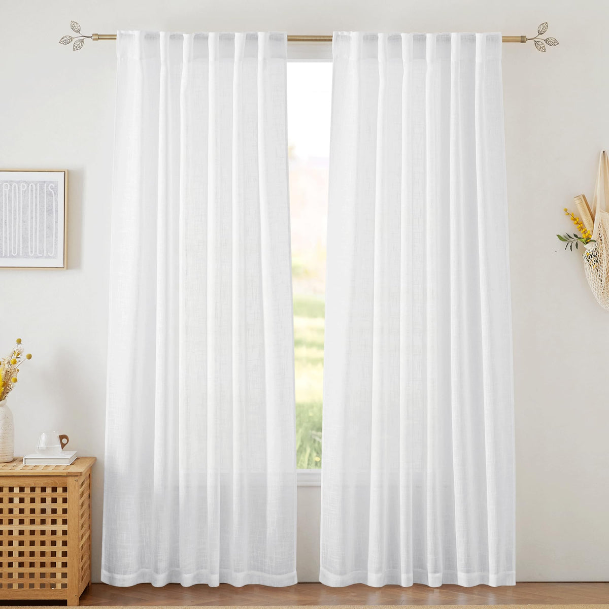RYB HOME White Sheer Curtains for Living Room Patio Glass Door, W52 x L95