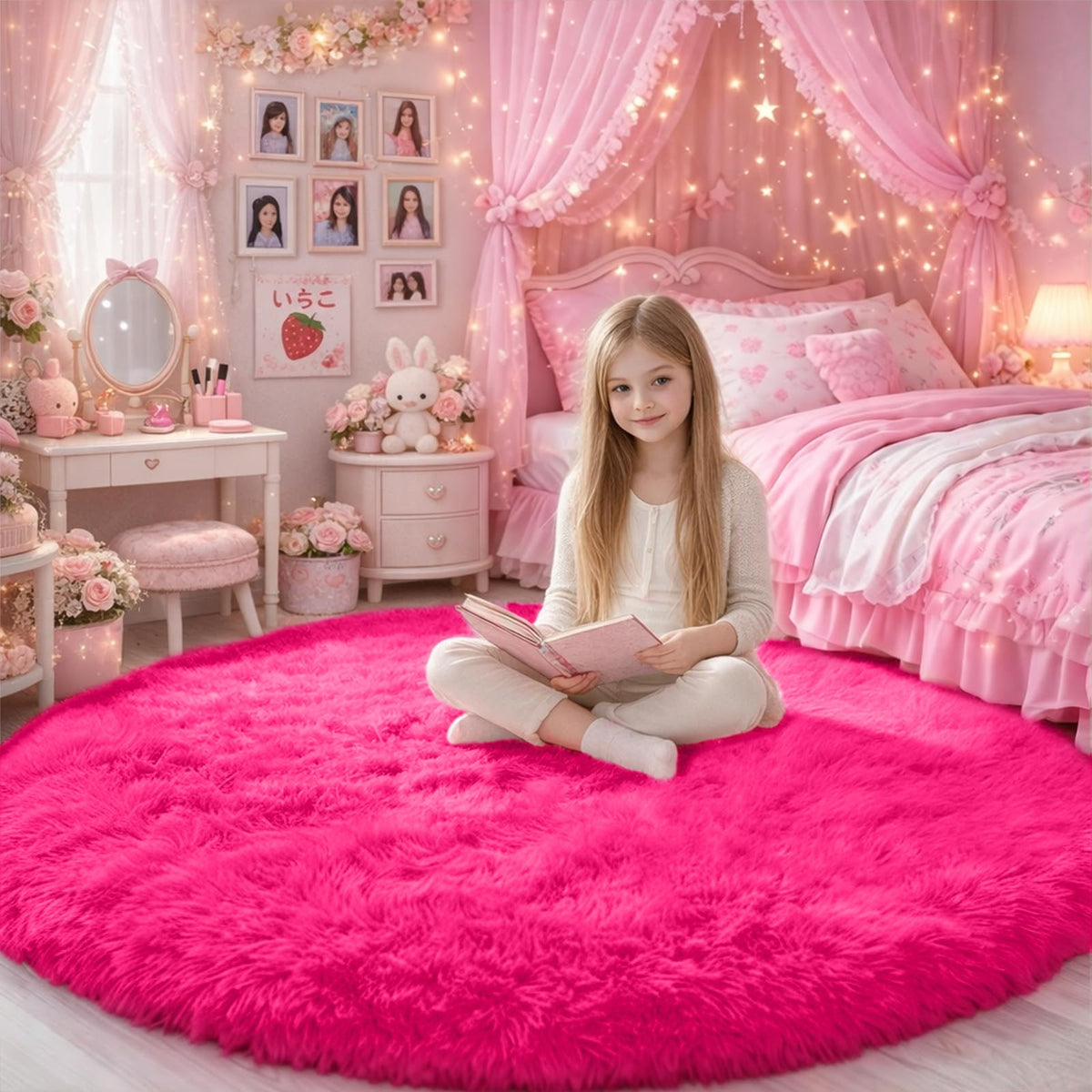 Amdrebio Pink Circle Round Fluffy Area Rug 4Ft for Girls Bedroom Kids Room