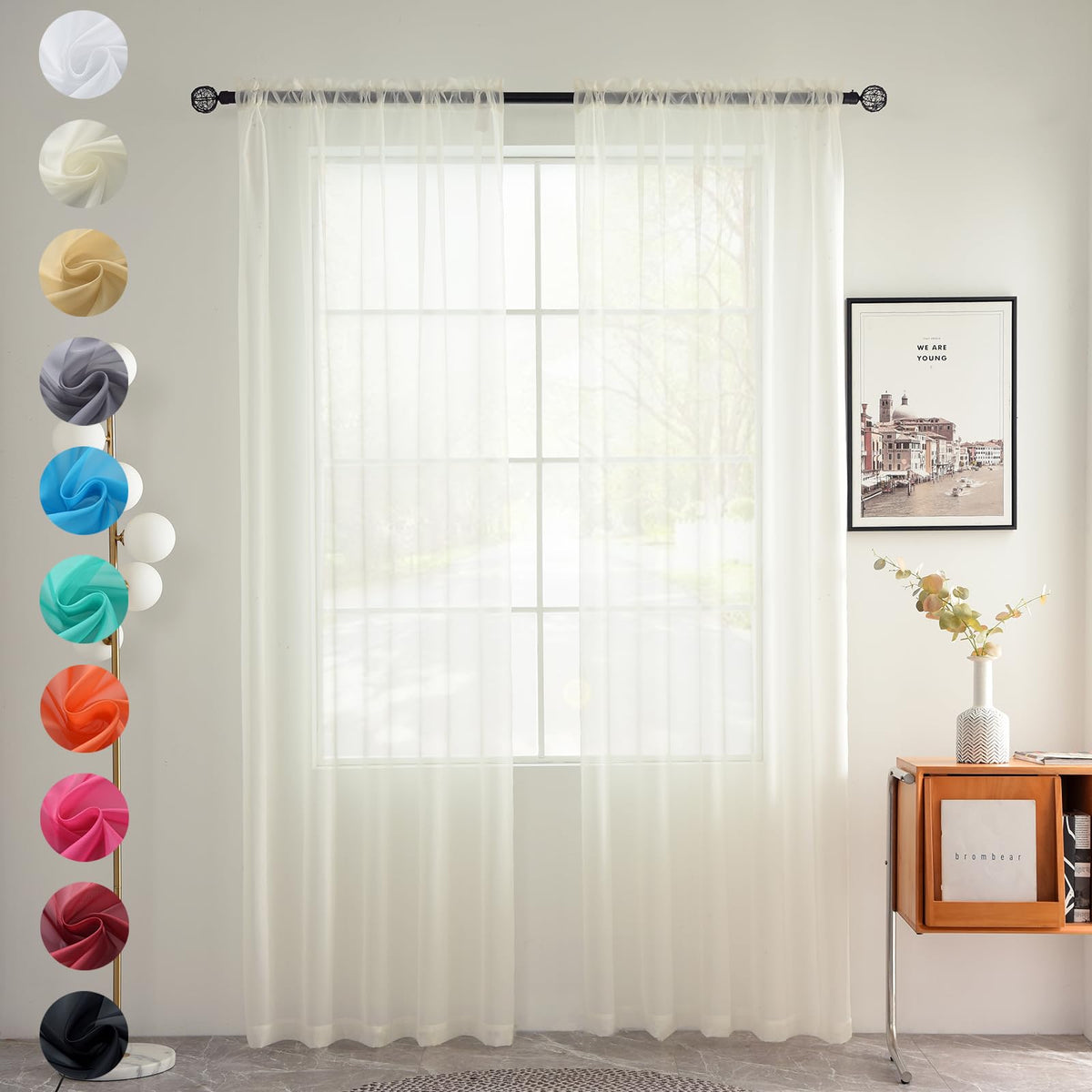 youleyar Solid Sheer Rod Pocket Curtain Voile Draperies 2 Panels White Beige Black Grey Coffee 52 Inch Width 84 Inch Long 1 Pair for Kitchen Bedroom Children Living Room Yard (Orange,52Wｘ84L)