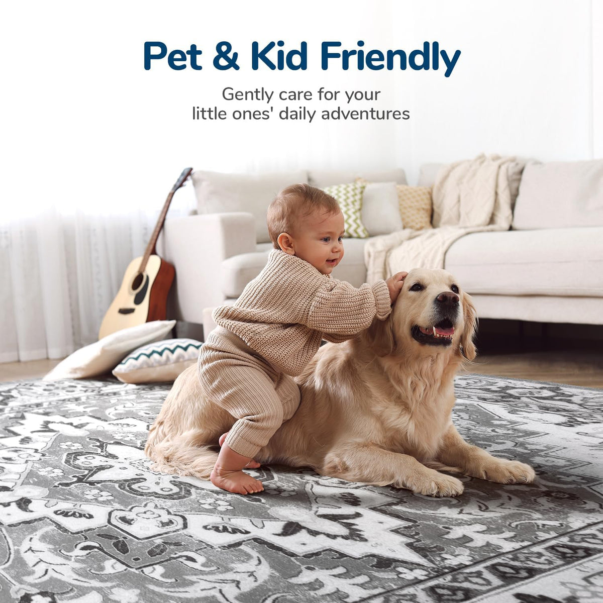 Lessymo 8 x 10 Area Rugs for Living Room, Machine Washable Rug Grey White