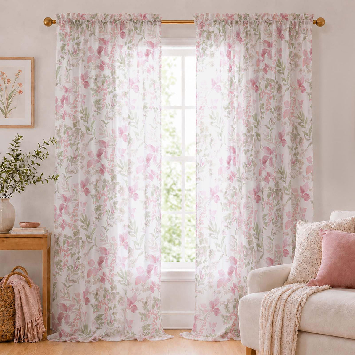 OWENIE Crushed Sheer Curtains 63 Inch Length 2 Panels Set, Sheer Floral Curtians with Printed Leaves Design, Printing Drapes for Living Room, Rod Pocket Light Filtering Window Sheers 42" W x 63" L