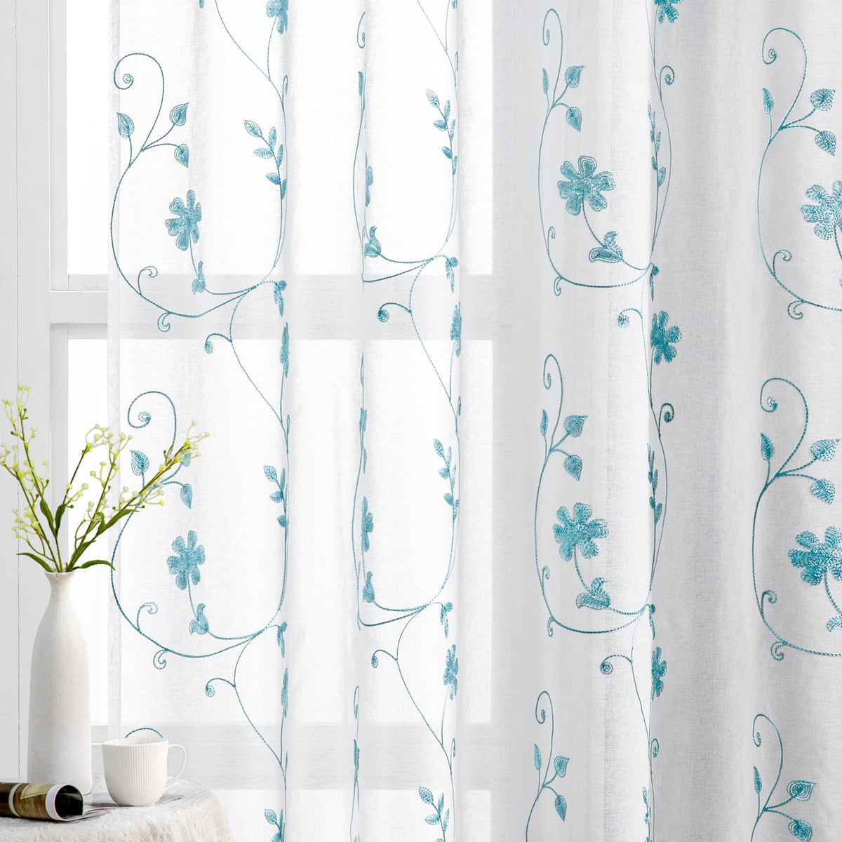 HOMEIDEAS Sage Green Sheer Curtains Leaf Embroidered, 52x84 Inch, 2 Panels