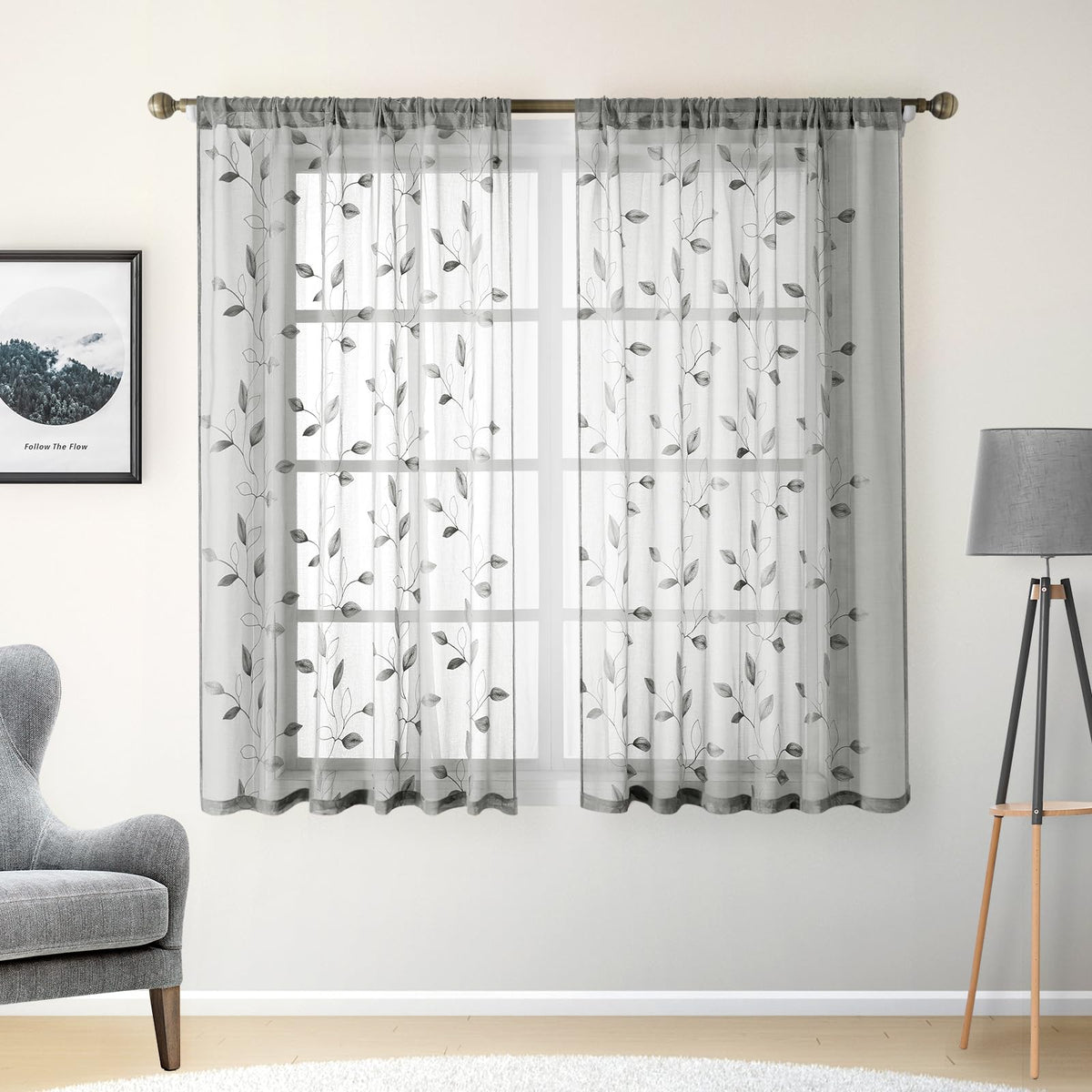 HOMEIDEAS Sage Green Sheer Curtains Leaf Embroidered, 52x84 Inch, 2 Panels