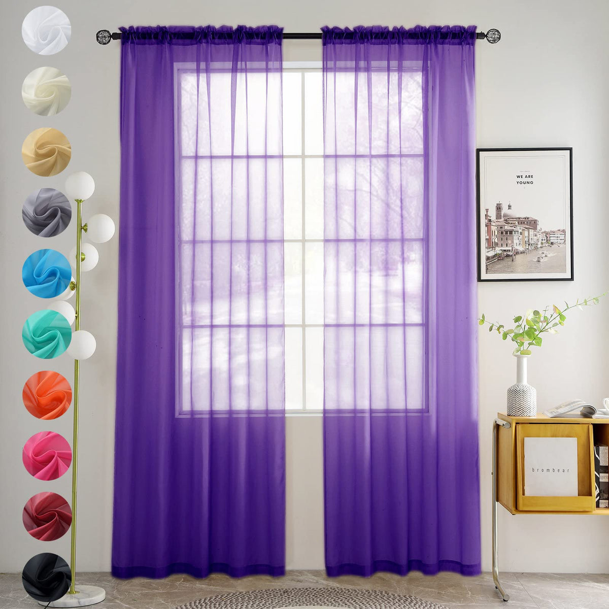 youleyar Solid Sheer Rod Pocket Curtain Voile Draperies 2 Panels White Beige Black Grey Coffee 52 Inch Width 84 Inch Long 1 Pair for Kitchen Bedroom Children Living Room Yard (Orange,52Wｘ84L)