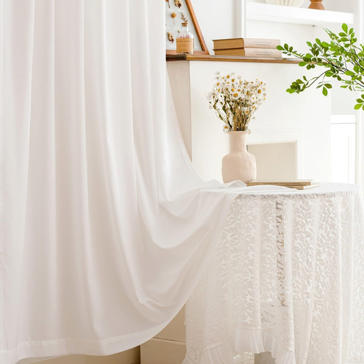 MYSTIC-HOME Sheer Curtains White 63 Inch Length, Rod Pocket Voile Drapes for Living Room, Bedroom, Window Treatments Semi Crinkle Curtain Panels for Yard, Patio, Villa, Parlor, Set of 2, 52"x 63"