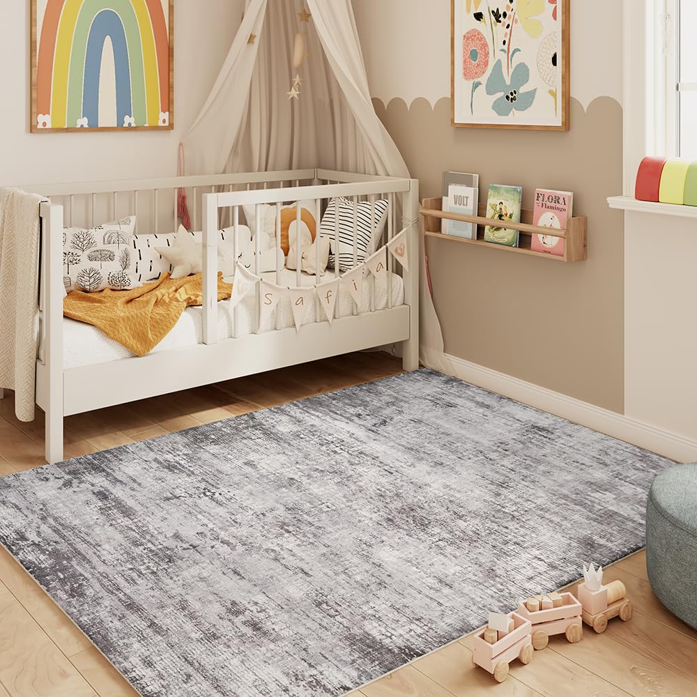 8x10 Pink Gray Washable Area Rug for Living Room, Vintage Print