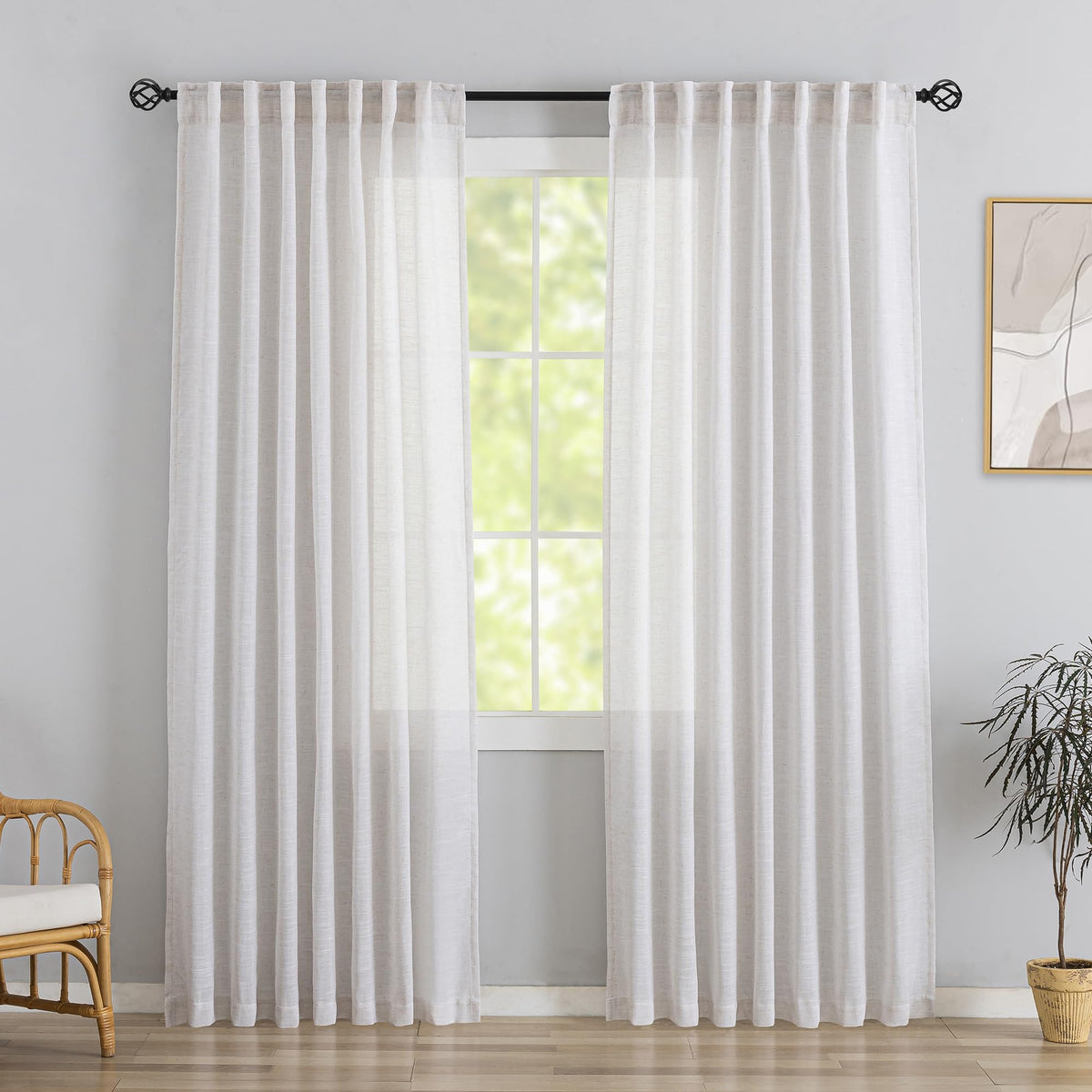 Natural Linen 144 Inch Length Curtains for Tall Floor Ceiling Villa Living Room -Cream Ivory Bak Tab Hooks Pleated Easy Open Sliding Semi Sheer 144 inch Extra Long 2 Story Window Curtains,12 Foot