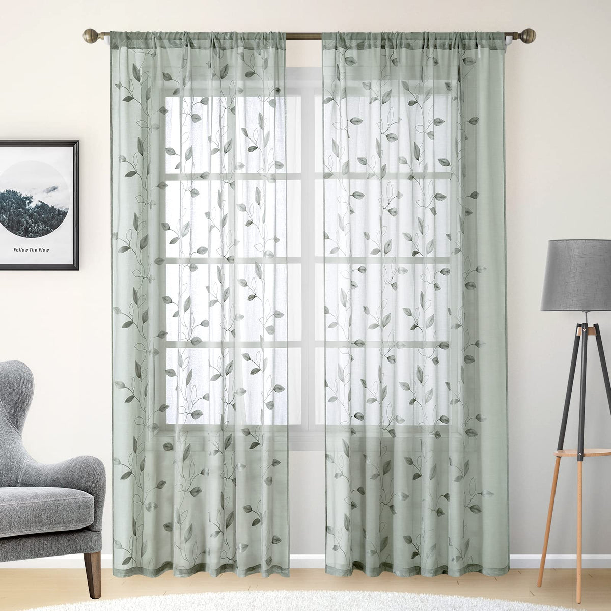 HOMEIDEAS Sage Green Sheer Curtains Leaf Embroidered, 52x84 Inch, 2 Panels