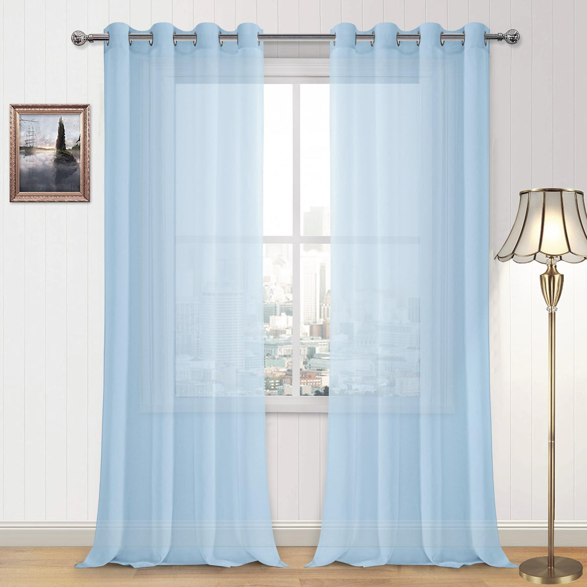 DWCN White Sheer Curtains Linen Look Semi Transparent Voile Grommet White Curtains for Living Dining Room Drapes 52 x 84 Inch Long, Set of 2 Panels