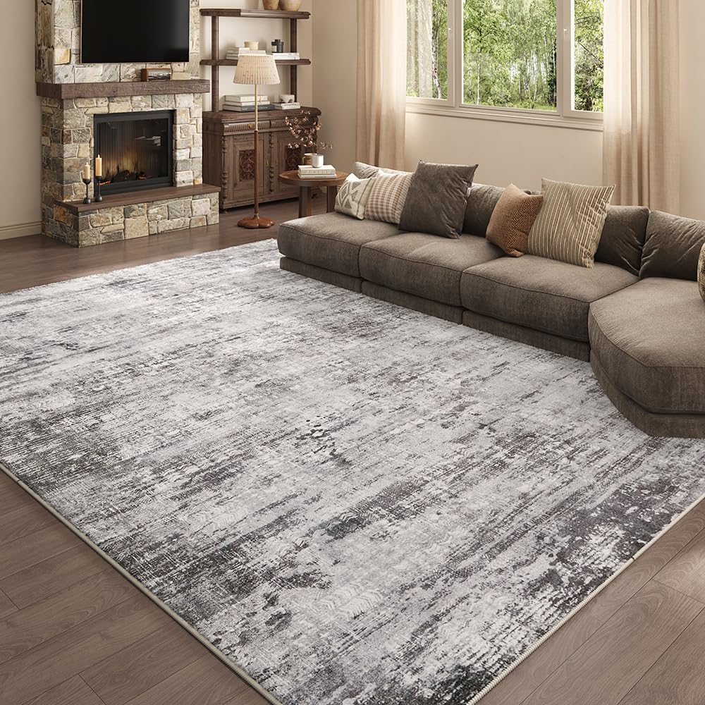 8x10 Pink Gray Washable Area Rug for Living Room, Vintage Print