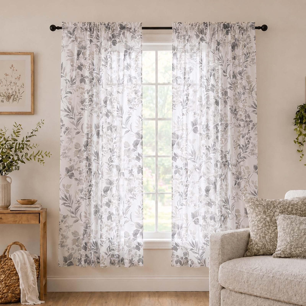 OWENIE Crushed Sheer Curtains 63 Inch Length 2 Panels Set, Sheer Floral Curtians with Printed Leaves Design, Printing Drapes for Living Room, Rod Pocket Light Filtering Window Sheers 42" W x 63" L