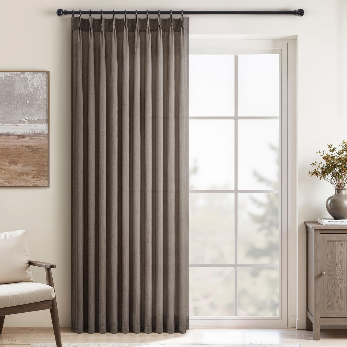 96 Inches Long Pinch Pleated Semi Sheer Curtains,Natural Linen Blended Light Filtering Window Curtains 96 Length 2 Panels for Living Room Bedroom Pinch Pleat Drapes with Hooks 2 Panels 40" Wx96 L