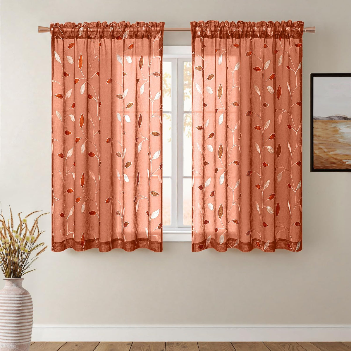 MIULEE Beige Sheer Curtains 2 Panels Embroidered Leaf Patterned, W52 x L84