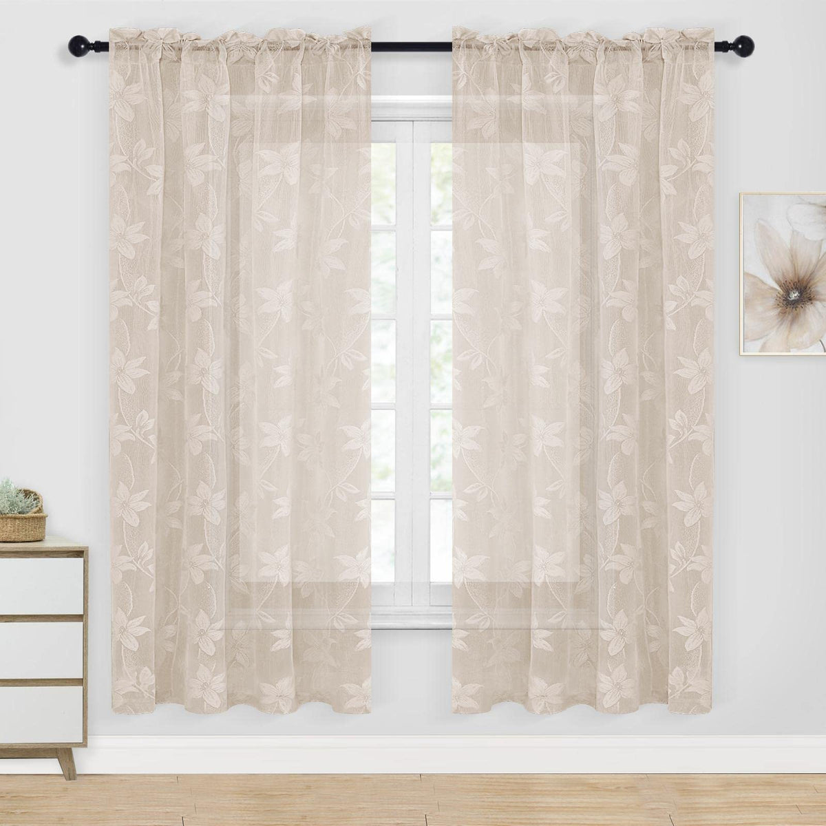DWCN White Sheer Curtains - Short Curtains Floral Lace Design Rod Pocket Window Voile Sheer Drapes for Bedroom Kitchen Small Window 42 x 54 inch Length, 2 Panels White