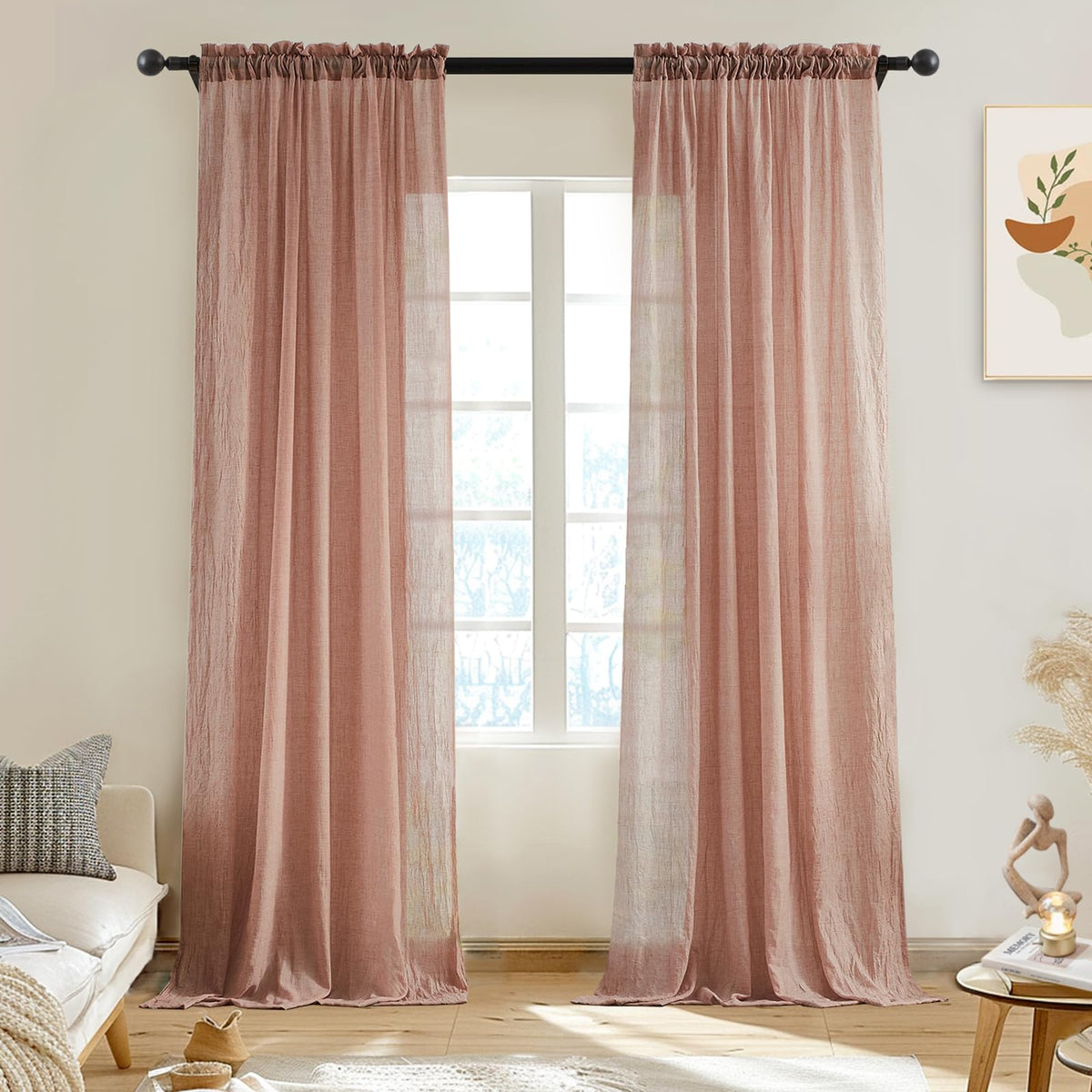 Melodieux Blush Pink Cotton Sheer Curtains 84 Inches Long, Bedroom Living Room Natural Light Filtering Crepe Voile Drapes Rustic Crinkle Linen Sheer Curtains Rod Pocket, 52" W x 84" L, 2 Panels