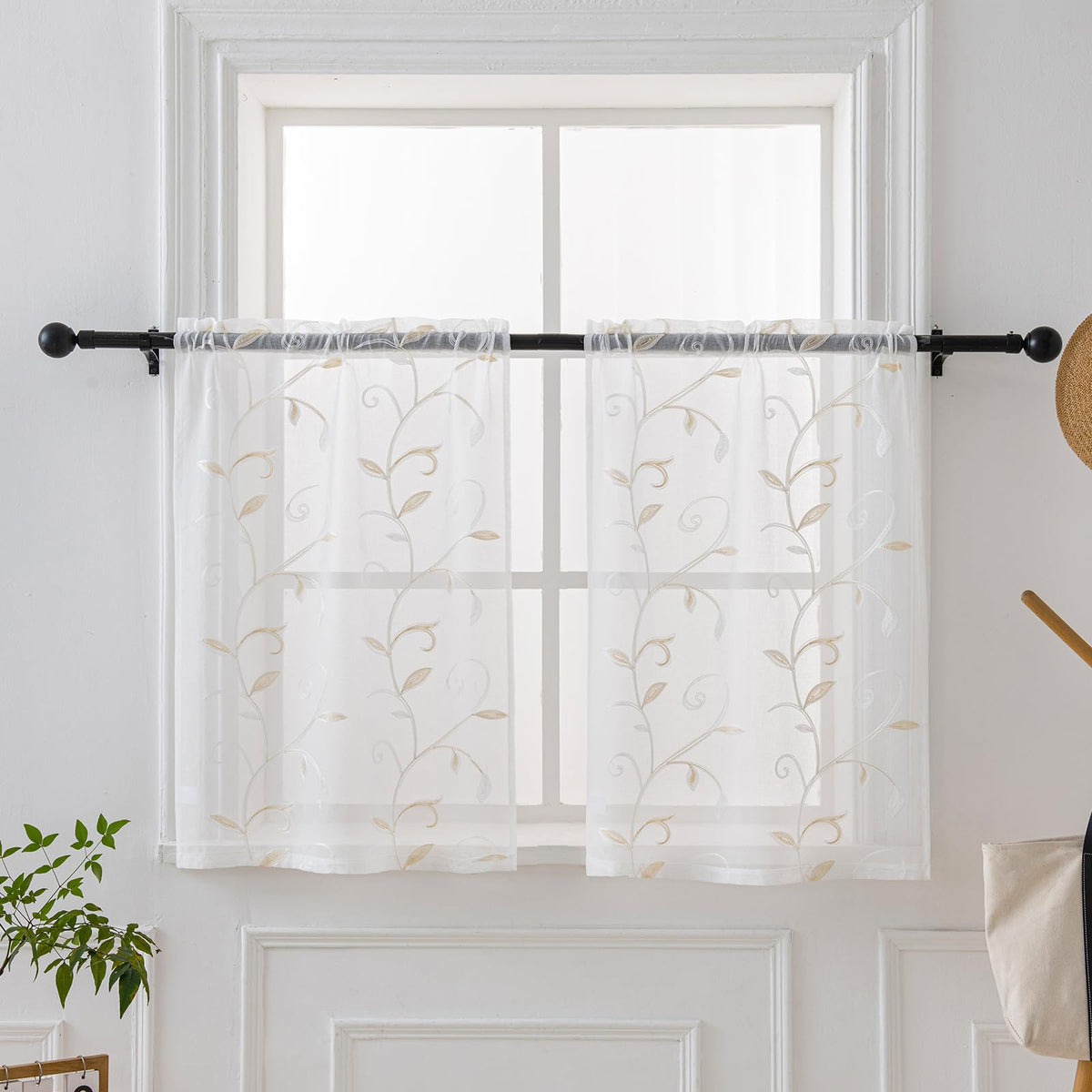 VISIONTEX Sheer Curtains Boho Leaf Floral Embroidered Cream Beige 54Wx84L