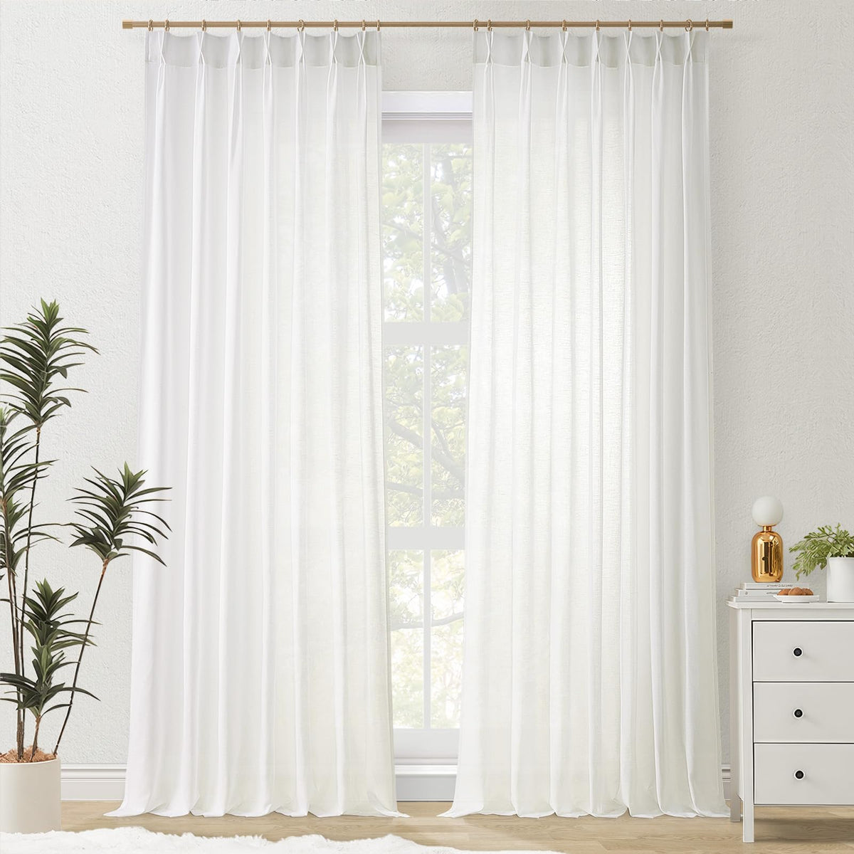 96 Inches Long Pinch Pleated Semi Sheer Curtains,Natural Linen Blended Light Filtering Window Curtains 96 Length 2 Panels for Living Room Bedroom Pinch Pleat Drapes with Hooks 2 Panels 40" Wx96 L