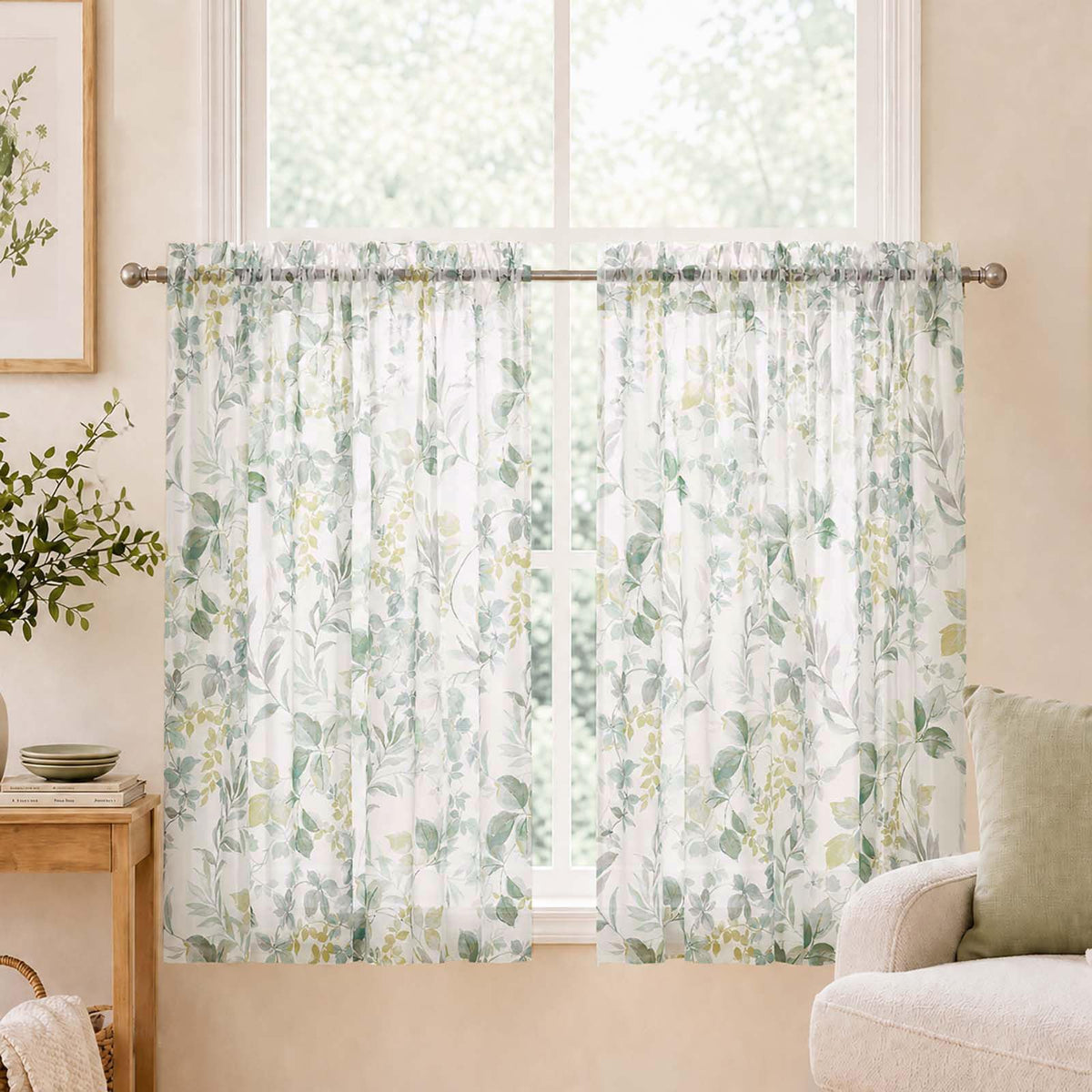 OWENIE Crushed Sheer Curtains 63 Inch Length 2 Panels Set, Sheer Floral Curtians with Printed Leaves Design, Printing Drapes for Living Room, Rod Pocket Light Filtering Window Sheers 42" W x 63" L