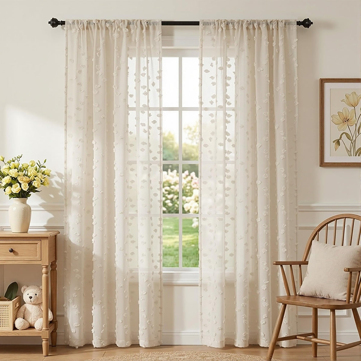 MYSKY HOME Beige Boho Sheer Curtains with Cream Pom Pom 50Wx84L,2 Panels
