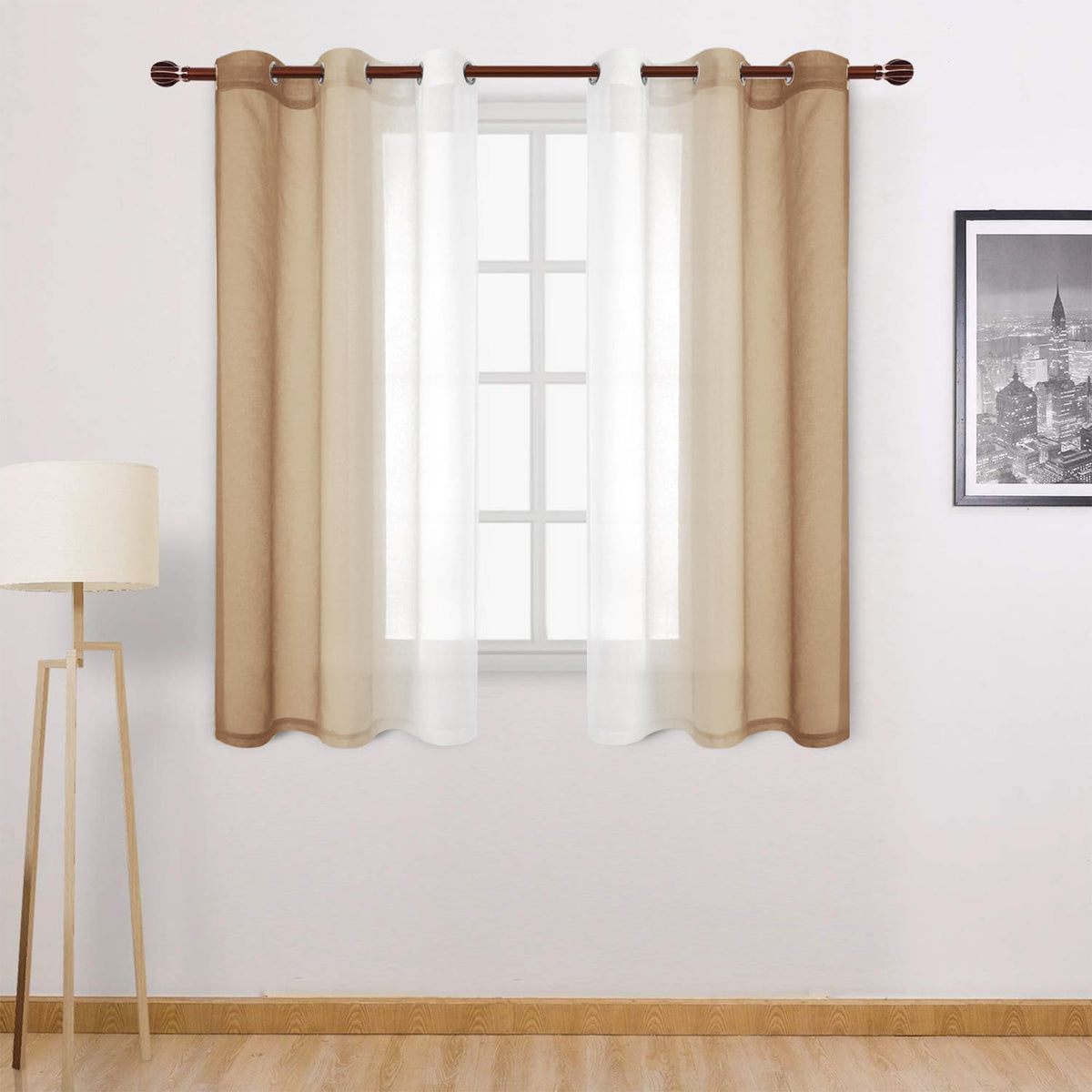 DWCN Blue Linen Ombre Sheer Curtains - Semi Voile Gradient Grommet Top Curtains for Bedroom and Living Room, Set of 2 Window Curtain Panels, 52 x 84 Inches Long, Denim Blue