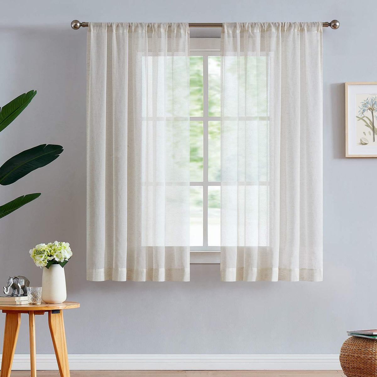 FMFUNCTEX Beige Linen Pinch Pleated Sheer Curtains, 96 Inches, 2 Panels