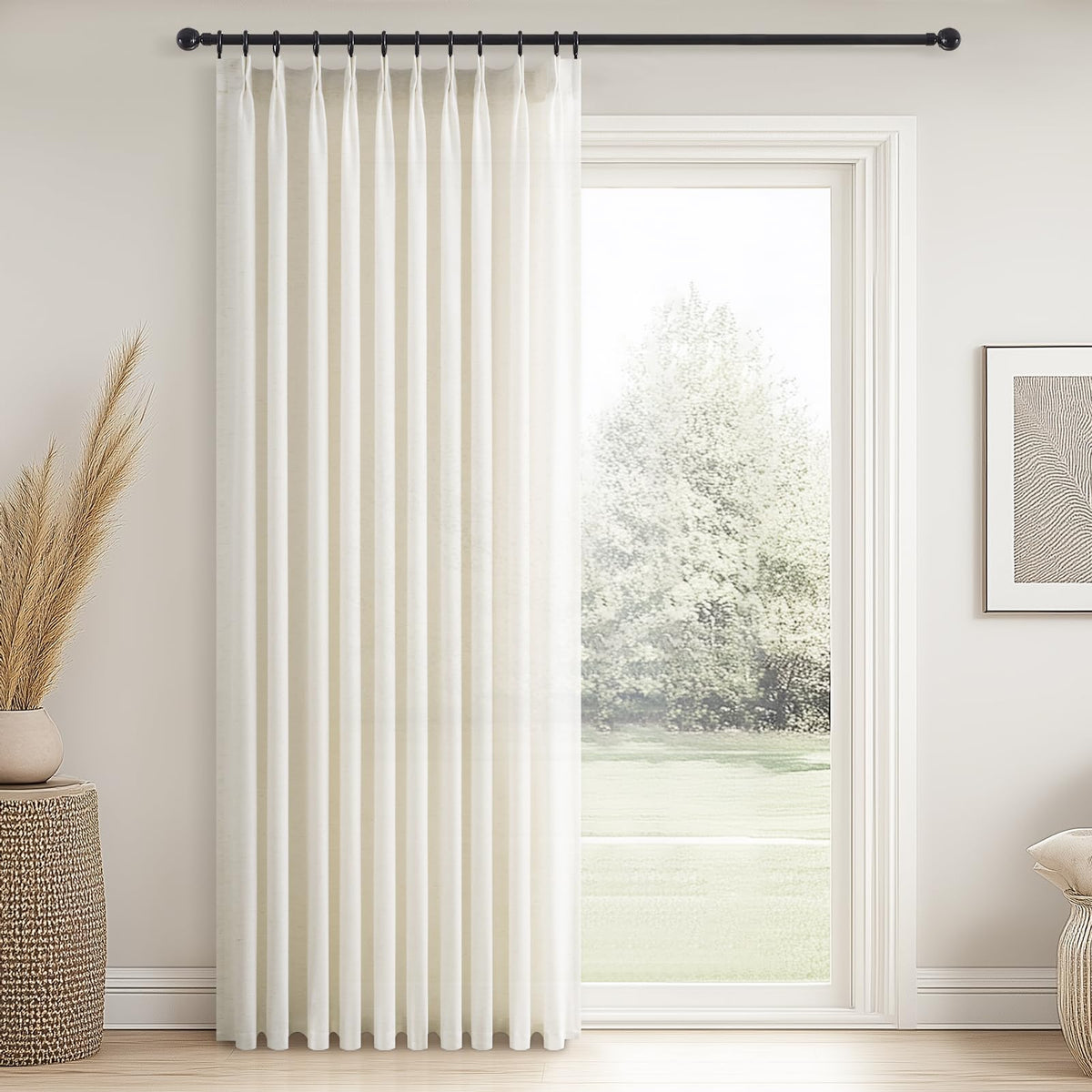 96 Inches Long Pinch Pleated Semi Sheer Curtains,Natural Linen Blended Light Filtering Window Curtains 96 Length 2 Panels for Living Room Bedroom Pinch Pleat Drapes with Hooks 2 Panels 40" Wx96 L