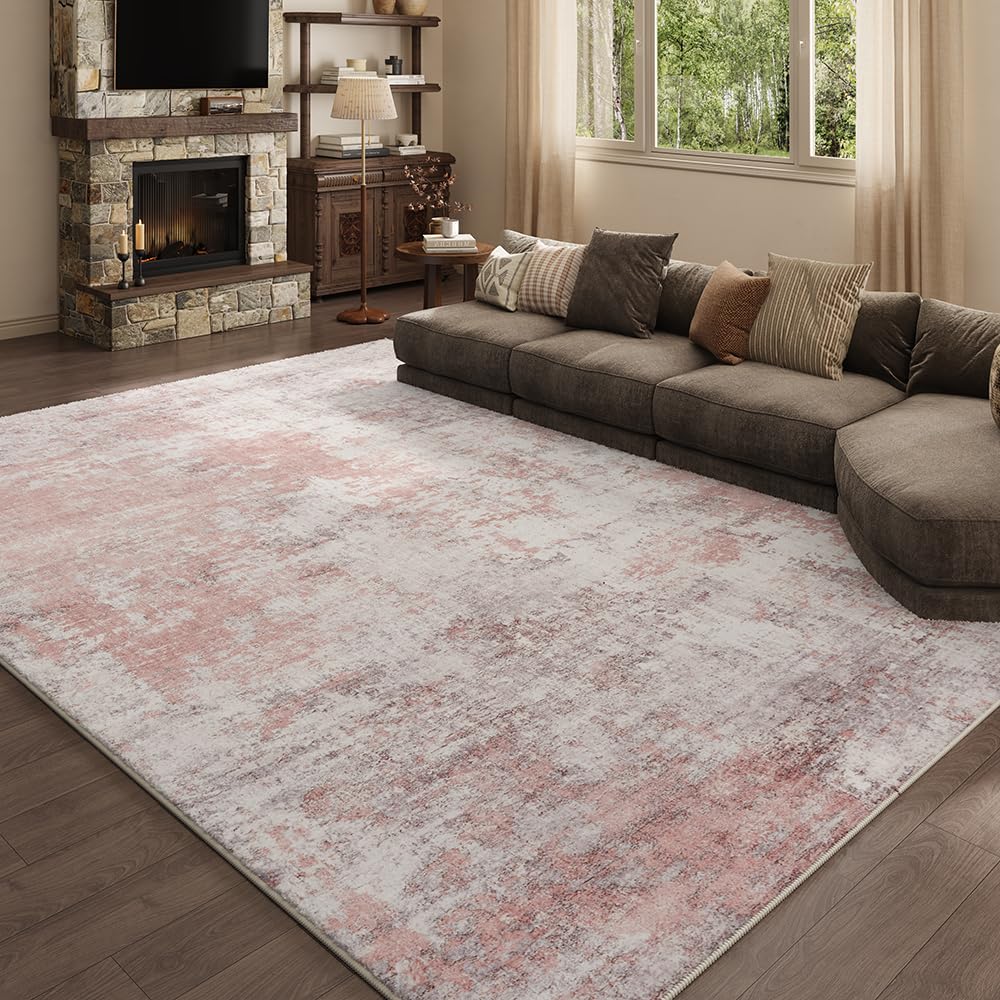 8x10 Pink Gray Washable Area Rug for Living Room, Vintage Print