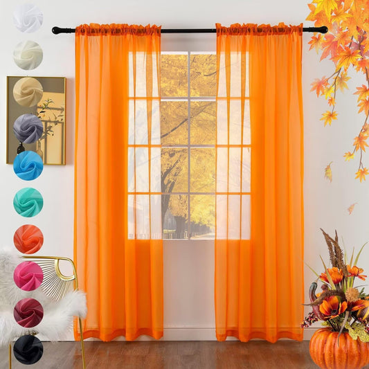 youleyar Solid Sheer Rod Pocket Curtain Voile Draperies 2 Panels White Beige Black Grey Coffee 52 Inch Width 84 Inch Long 1 Pair for Kitchen Bedroom Children Living Room Yard (Orange,52Wｘ84L)