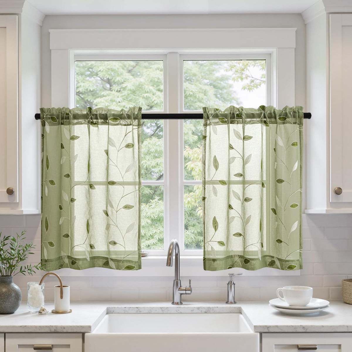 MIULEE Beige Sheer Curtains 2 Panels Embroidered Leaf Patterned, W52 x L84