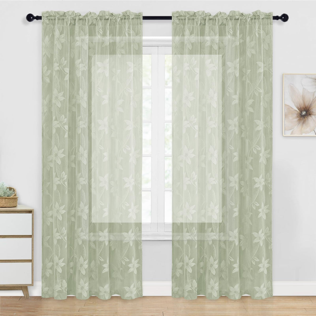 DWCN White Sheer Curtains - Short Curtains Floral Lace Design Rod Pocket Window Voile Sheer Drapes for Bedroom Kitchen Small Window 42 x 54 inch Length, 2 Panels White