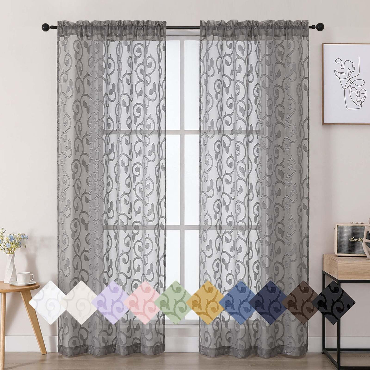 Dusty Blue Sheer Curtains for Bedroom Living Room 72 Inches Long 2 Panels Set, Soft Airy Geometric Jacquard Clip Curtains Drapes, Modern Rod Pocket Door Curtain, 2Pcs Each 42" Wx72 L Inch