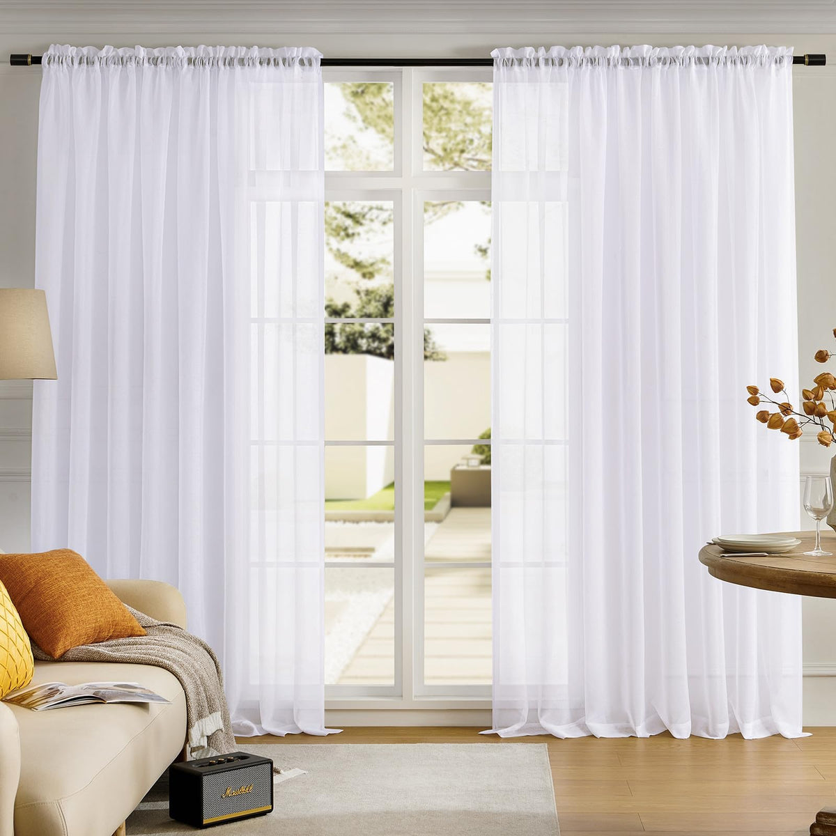 MYSTIC-HOME Sheer Curtains White 63 Inch Length, Rod Pocket Voile Drapes for Living Room, Bedroom, Window Treatments Semi Crinkle Curtain Panels for Yard, Patio, Villa, Parlor, Set of 2, 52"x 63"